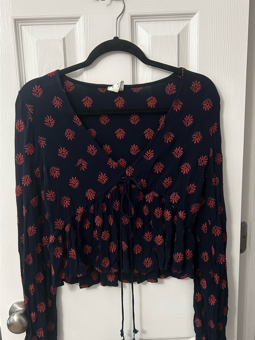 By Together Navy V-Neck Peasant Blouse with Red Motif
